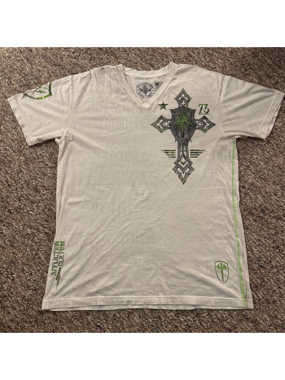 Affliction “BLK PRM 73” Graphic V-neck Shirt White w/ Lime & Gray Accents XL